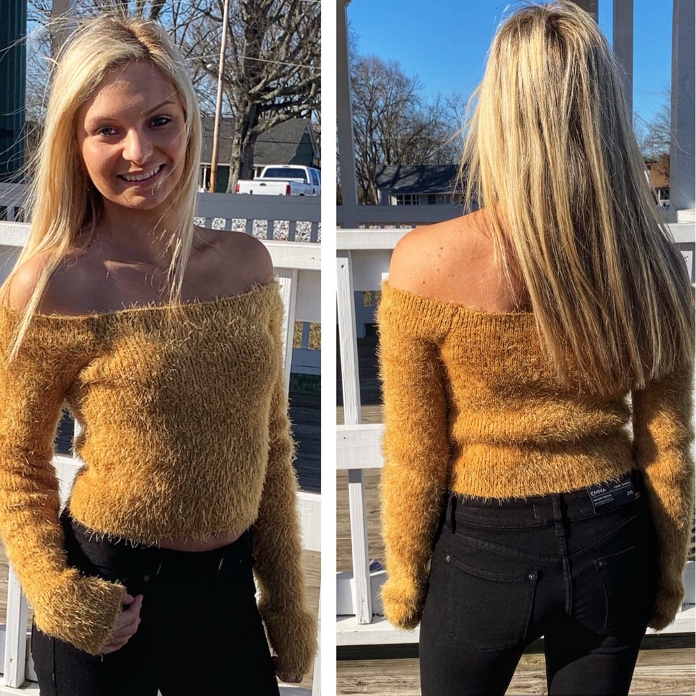 3 PROJECT 28 Fuzzy Off The Shoulder Crop Sweater